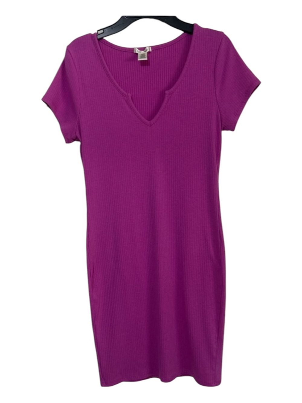 Bozzolo Purple Ribbed Short Sleeve Notch Neck Mini Dress L